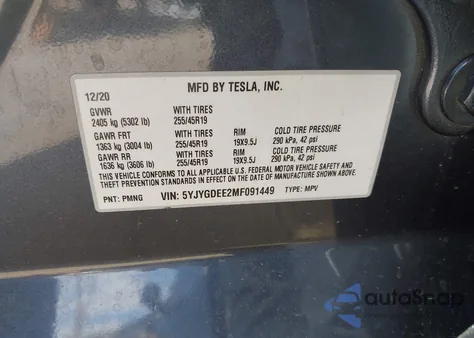 2021 Tesla Model Y Long Range Dual Motor All-Wheel Drive z USA, uszkodzony, nr VIN 5YJYGDEE2MF091449